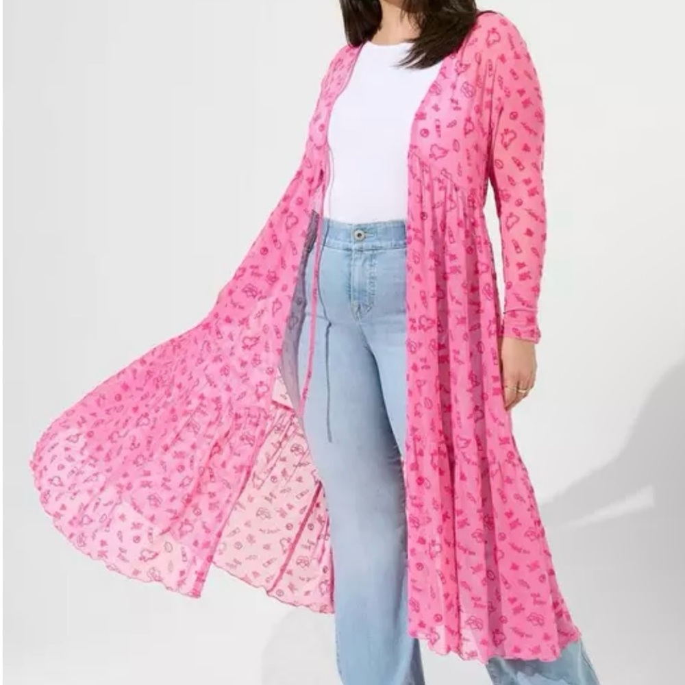 ***SOLD*** Betsey Johnson x Torrid Mesh Tie Front Long Sleeve Kimono Pink NWT